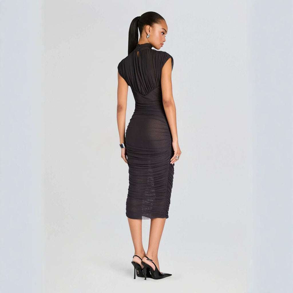 Black Ruched High Neck Cutout Bodycon Midi Dress