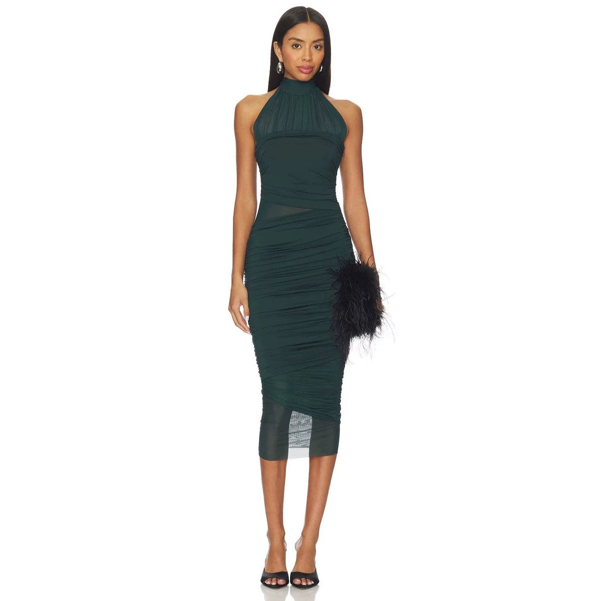 Emerald Green Ruched Halter Midi Dress(sale)