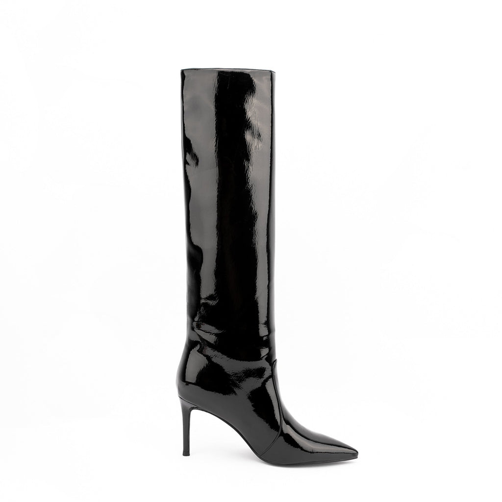 Black Patent Leather Pointed Toe Stiletto Knee High Boots