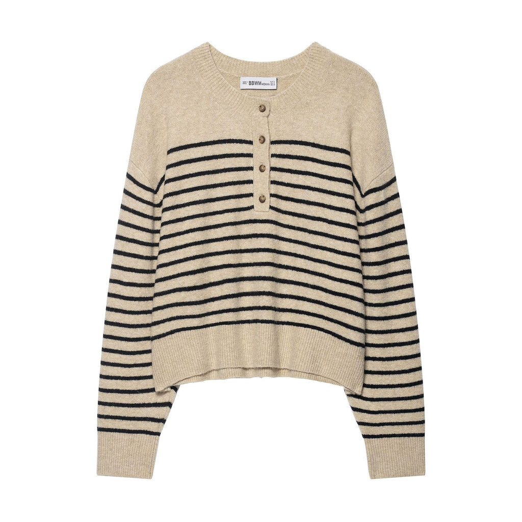 Striped Crew Neck Knit Cardigan – Classic Cozy Layer