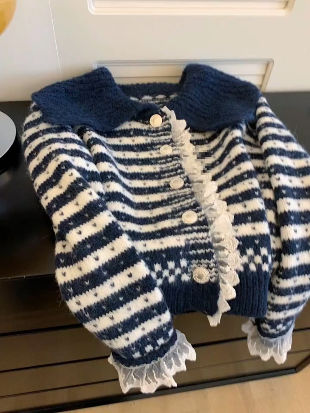 Petite Lace-Trim Striped Knit Cardigan – Chic Fit