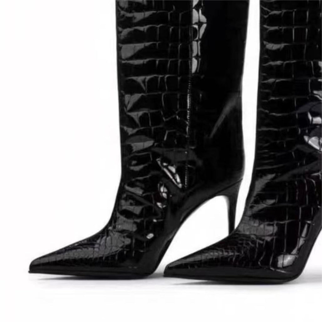 Faux Crocodile Leather Knee-High Boots