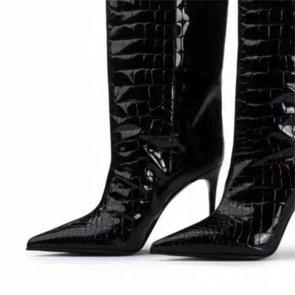 Faux Crocodile Leather Knee-High Boots