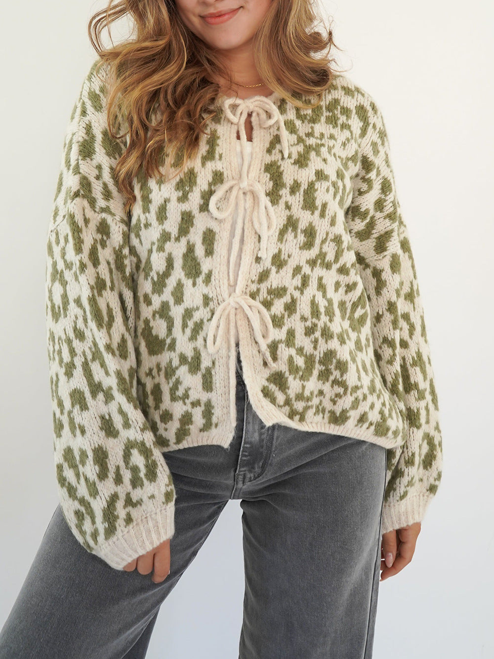 Leopard Bow-Tie Front Cropped Cardigan