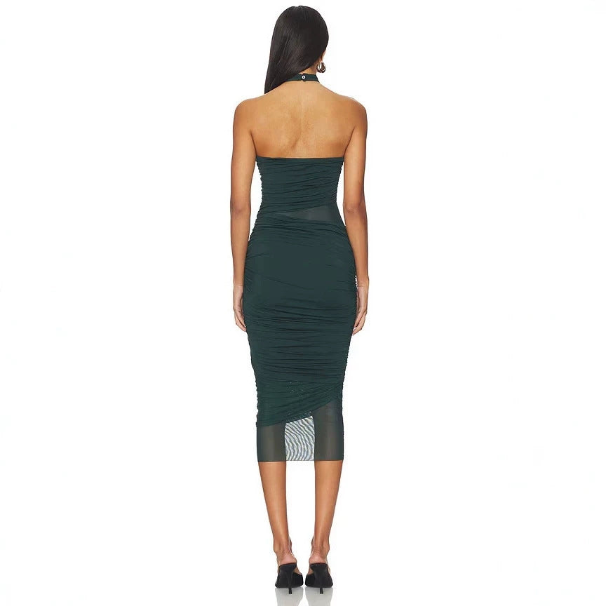 Emerald Green Ruched Halter Midi Dress(sale)