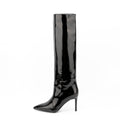 Black Patent Leather Pointed Toe Stiletto Knee High Boots
