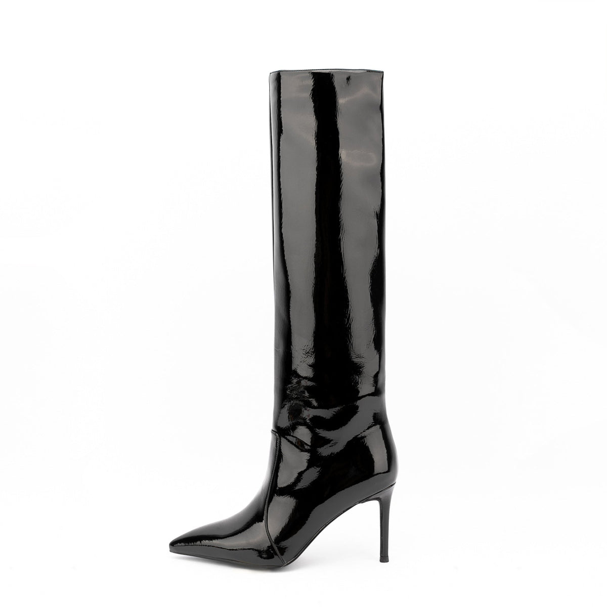 Black Patent Leather Pointed Toe Stiletto Knee High Boots