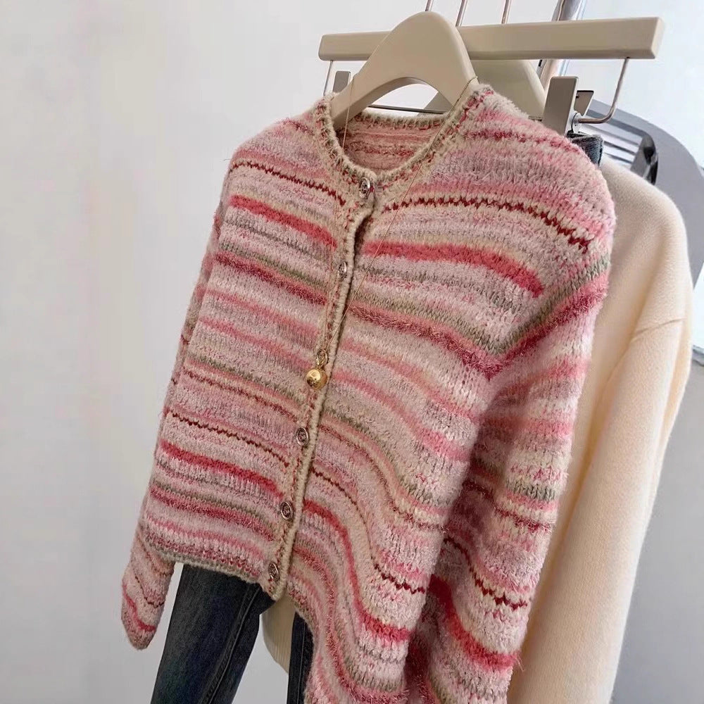 Striped Tweed-Inspired Knit Cardigan – Chic & Cozy