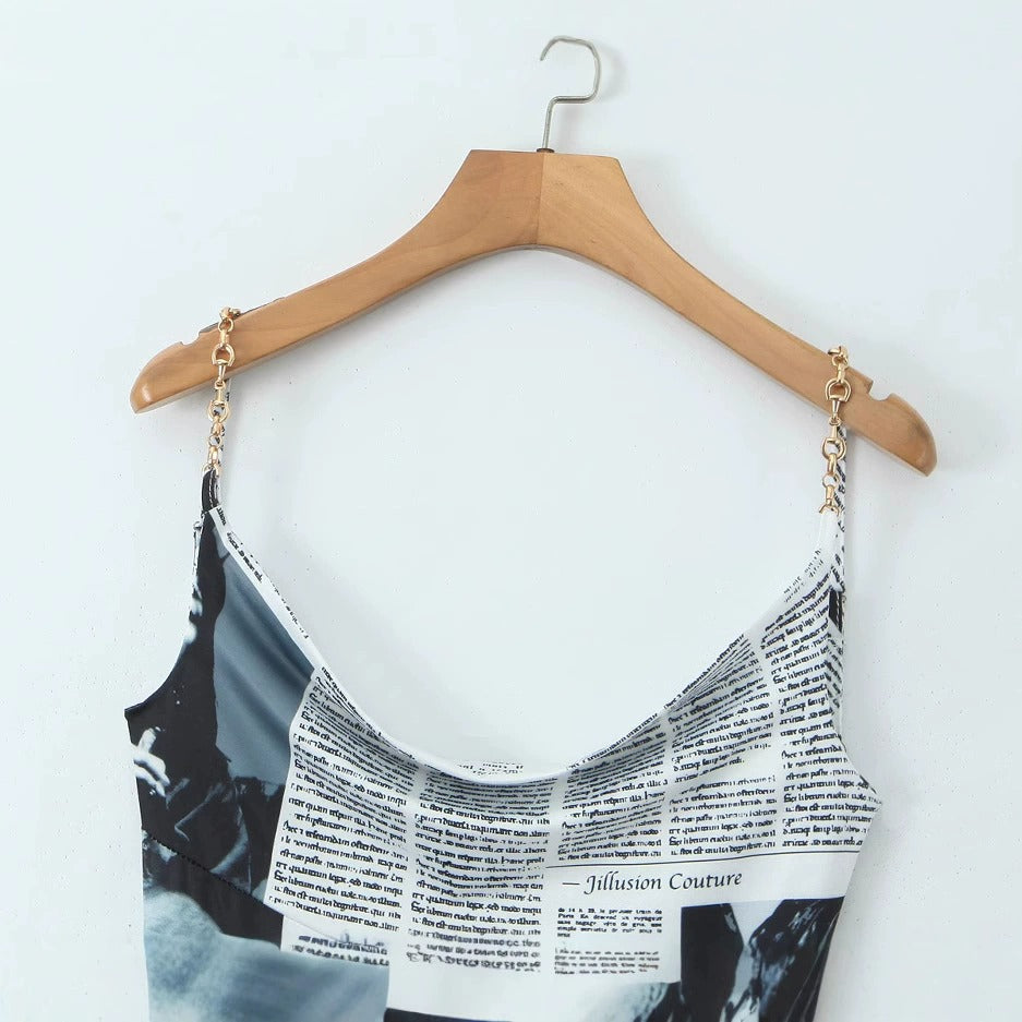 Vintage Print Slim Fit Irregular Hem Cami Mini Dress