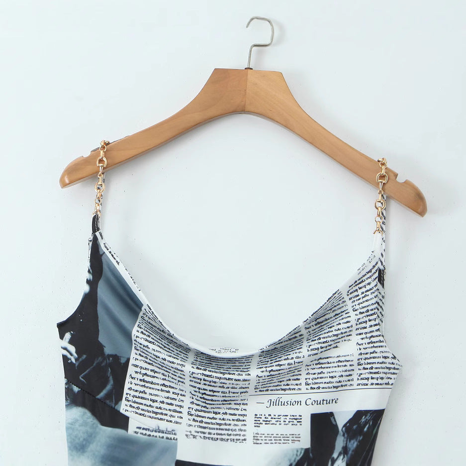 Retro Print Irregular Hem Slip Dress