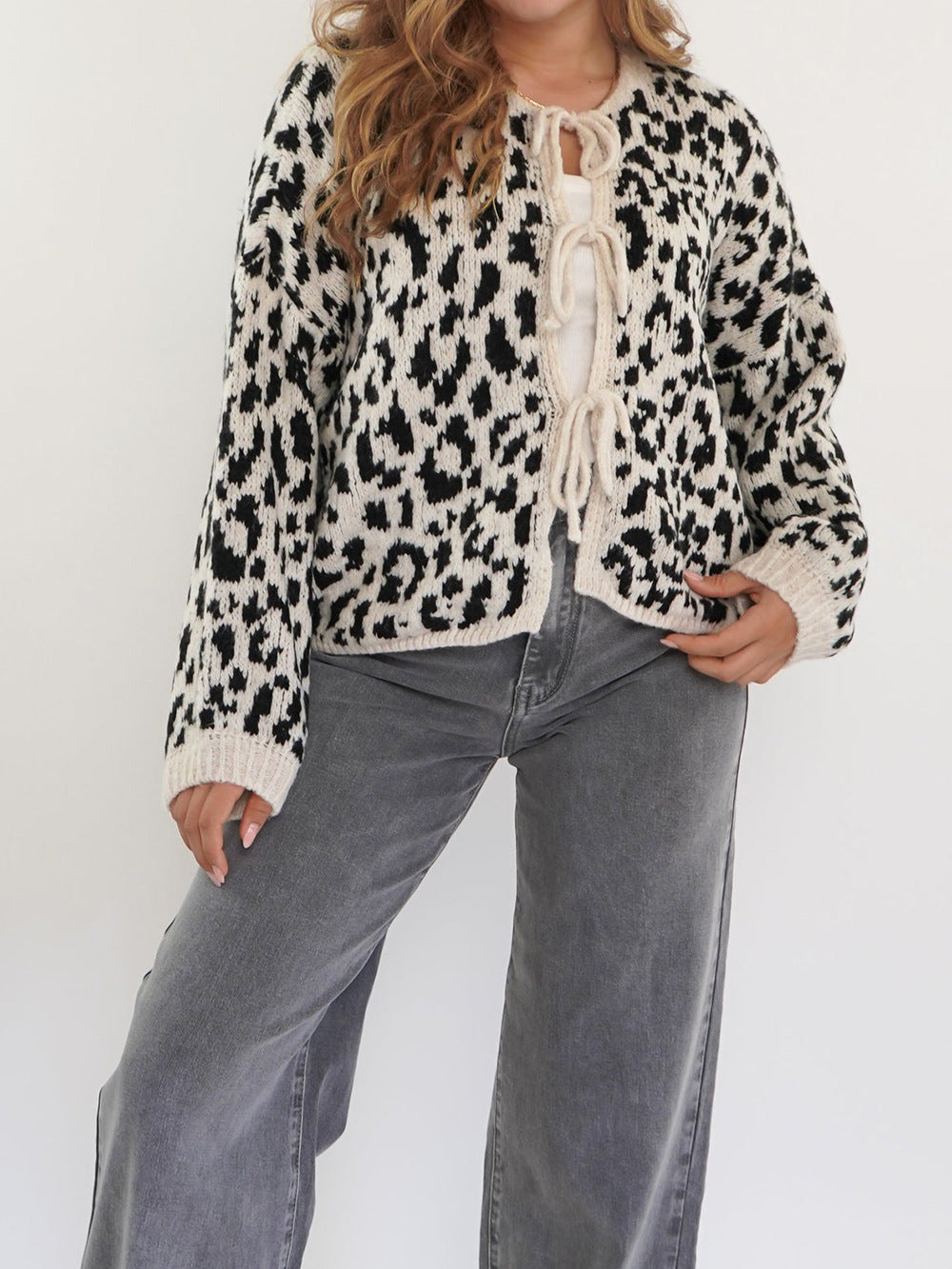 Leopard Bow-Tie Front Cropped Cardigan