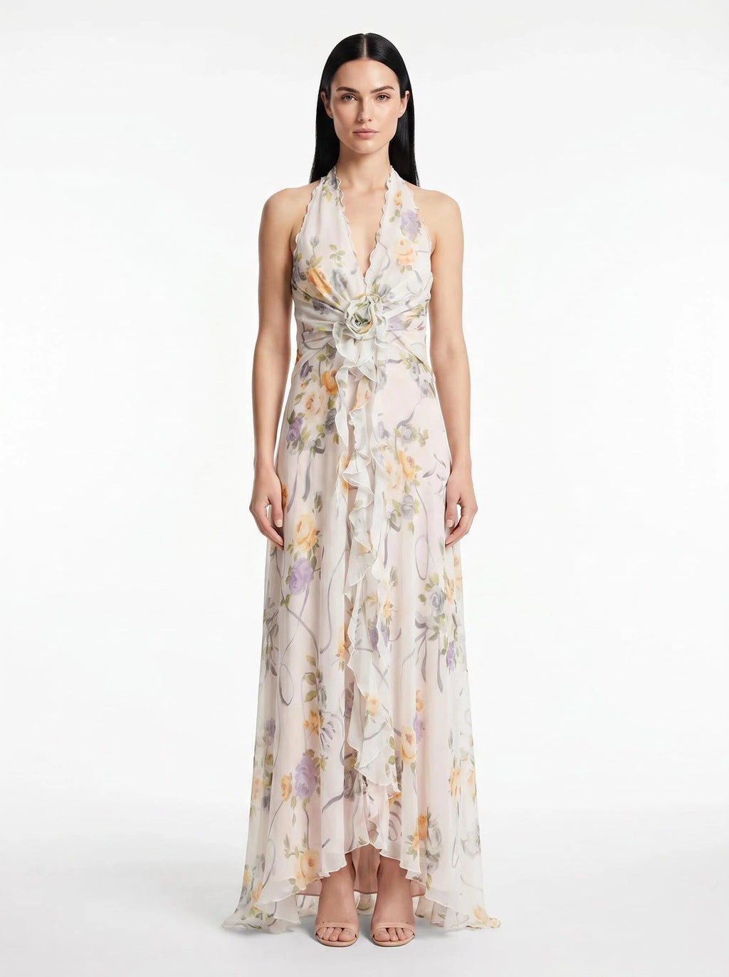 Floral Chiffon Halter Maxi Dress