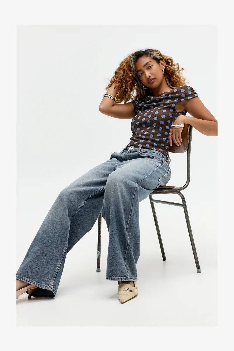 Mocha Blue Dot One-Shoulder Top