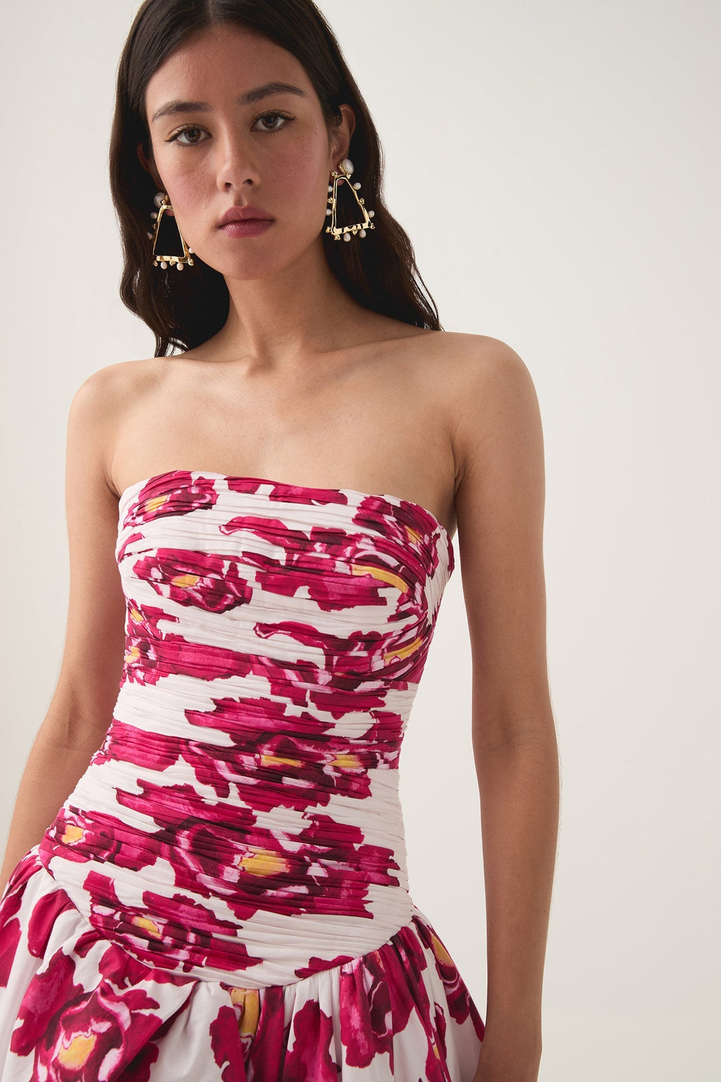 Floral Pleated Strapless Long Dress