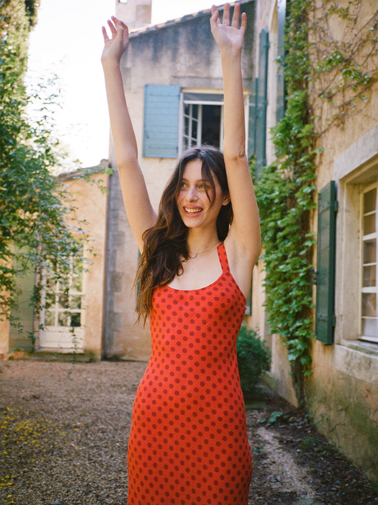 Red polka dot slip dress