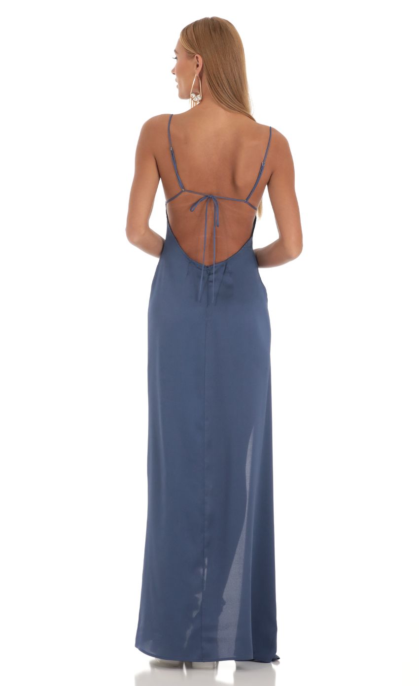Blue Satin Ruffle Maxi Dress