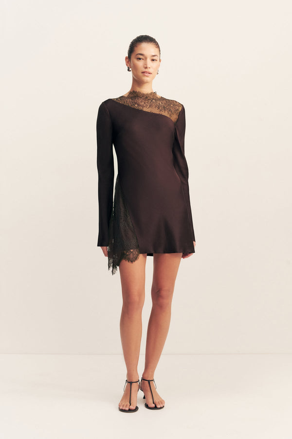 Brown Lace-Paneled Mini Dress