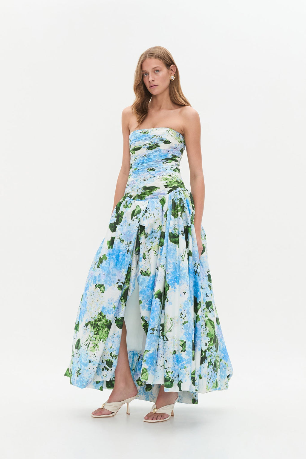 Blue Floral Pleated Strapless Long Dress