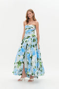 Blue Floral Pleated Strapless Long Dress
