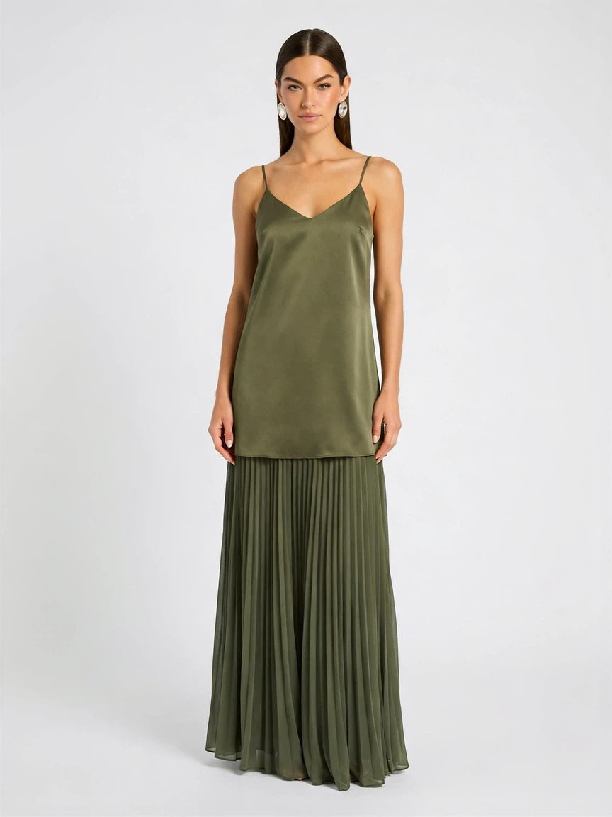 Olive Green Satin Slip Maxi Dress
