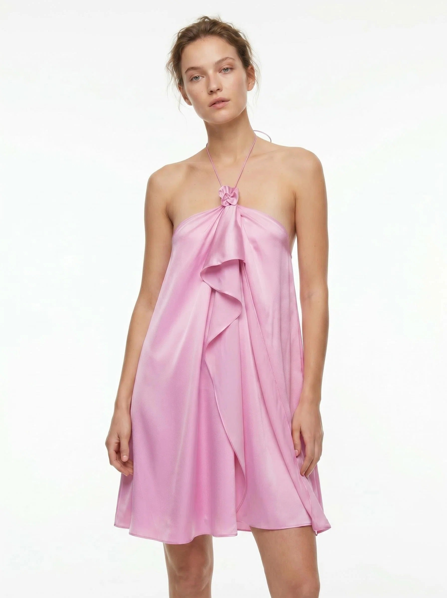 Pink Satin Halter Mini Dress for Women