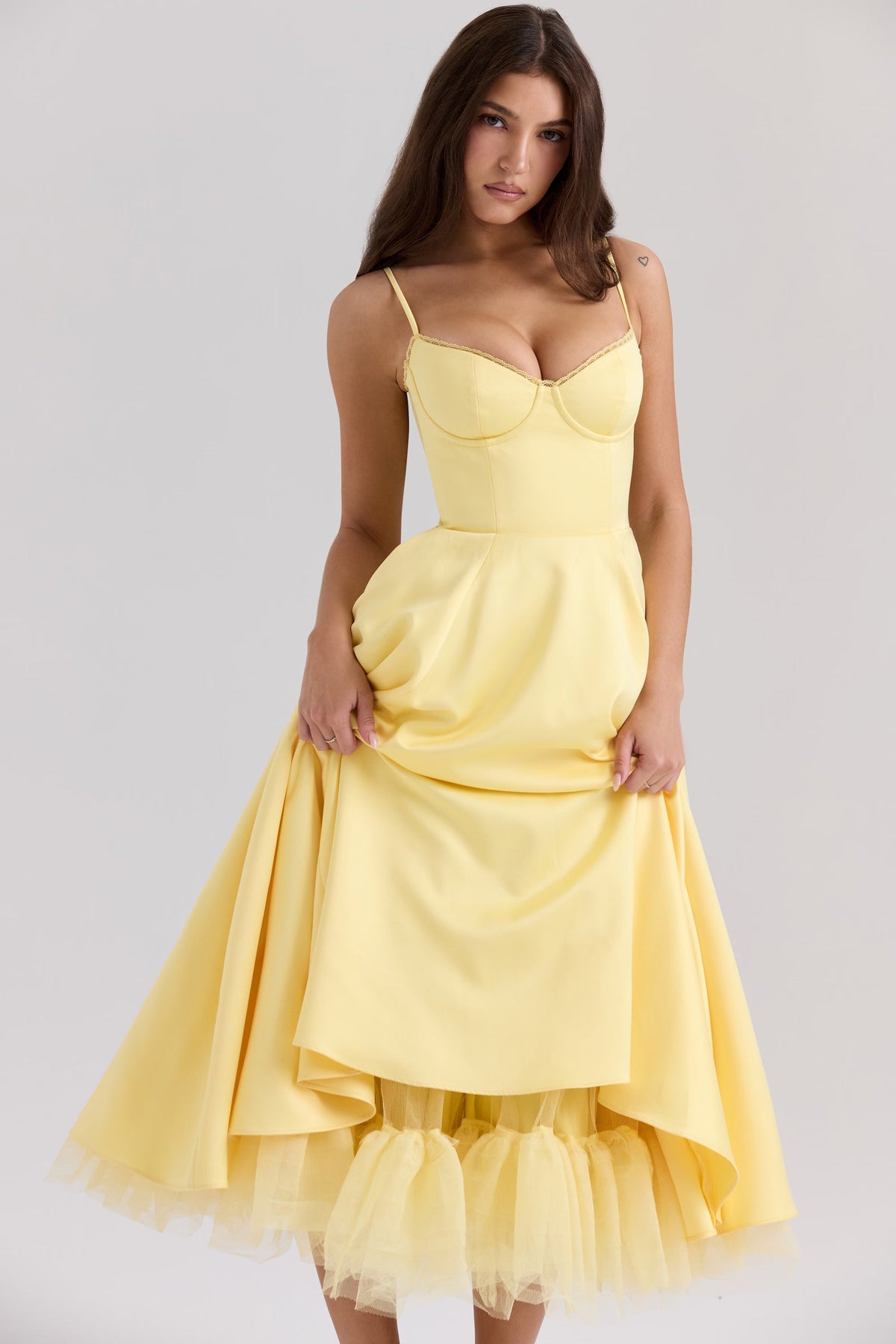 Yellow Satin Corset Midi Dress