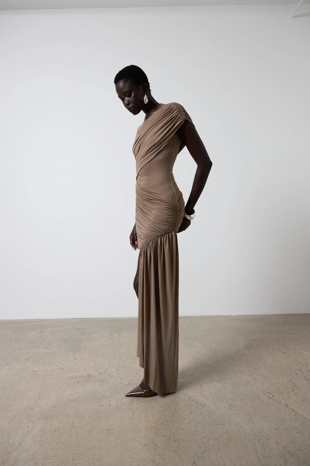 Khaki Whisper Ruched Mini Dress