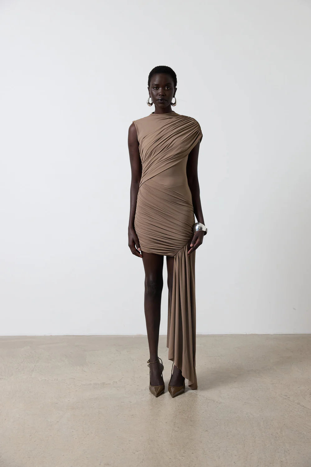 Khaki Whisper Ruched Mini Dress