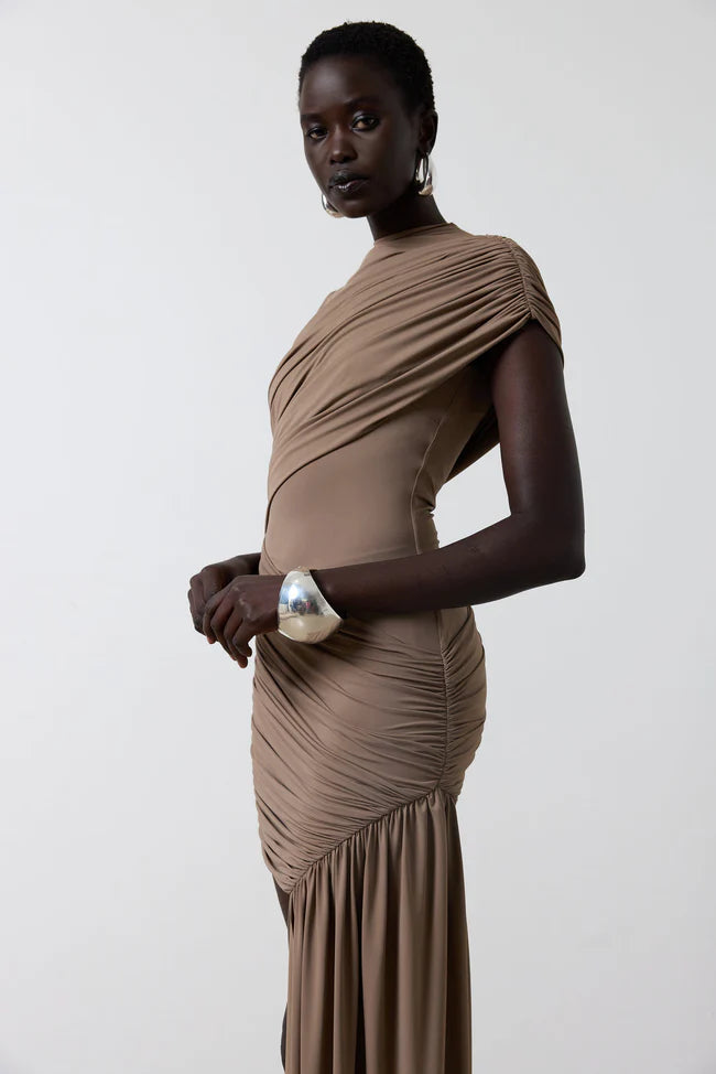 Khaki Whisper Ruched Mini Dress