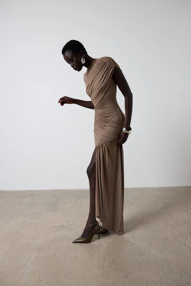 Khaki Whisper Ruched Mini Dress