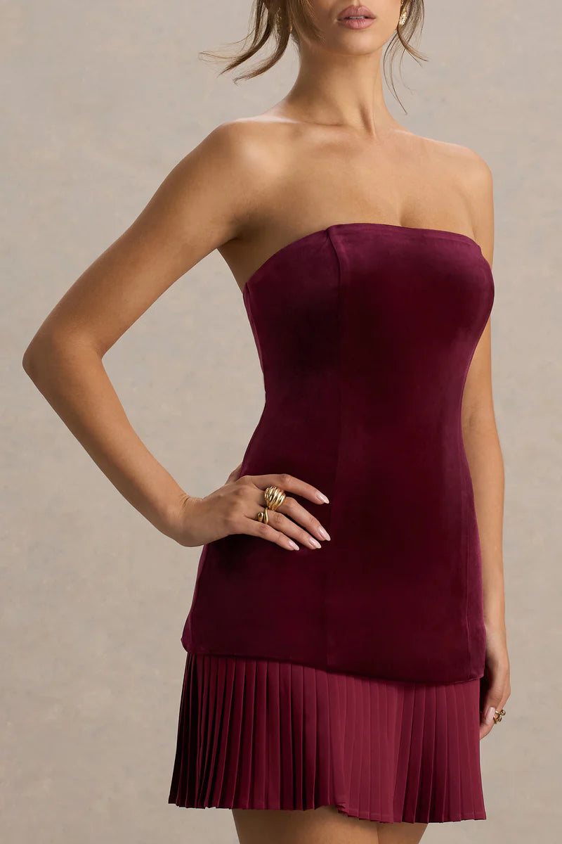 Burgundy Velvet Pleated Mini Dress – Holiday Elegance