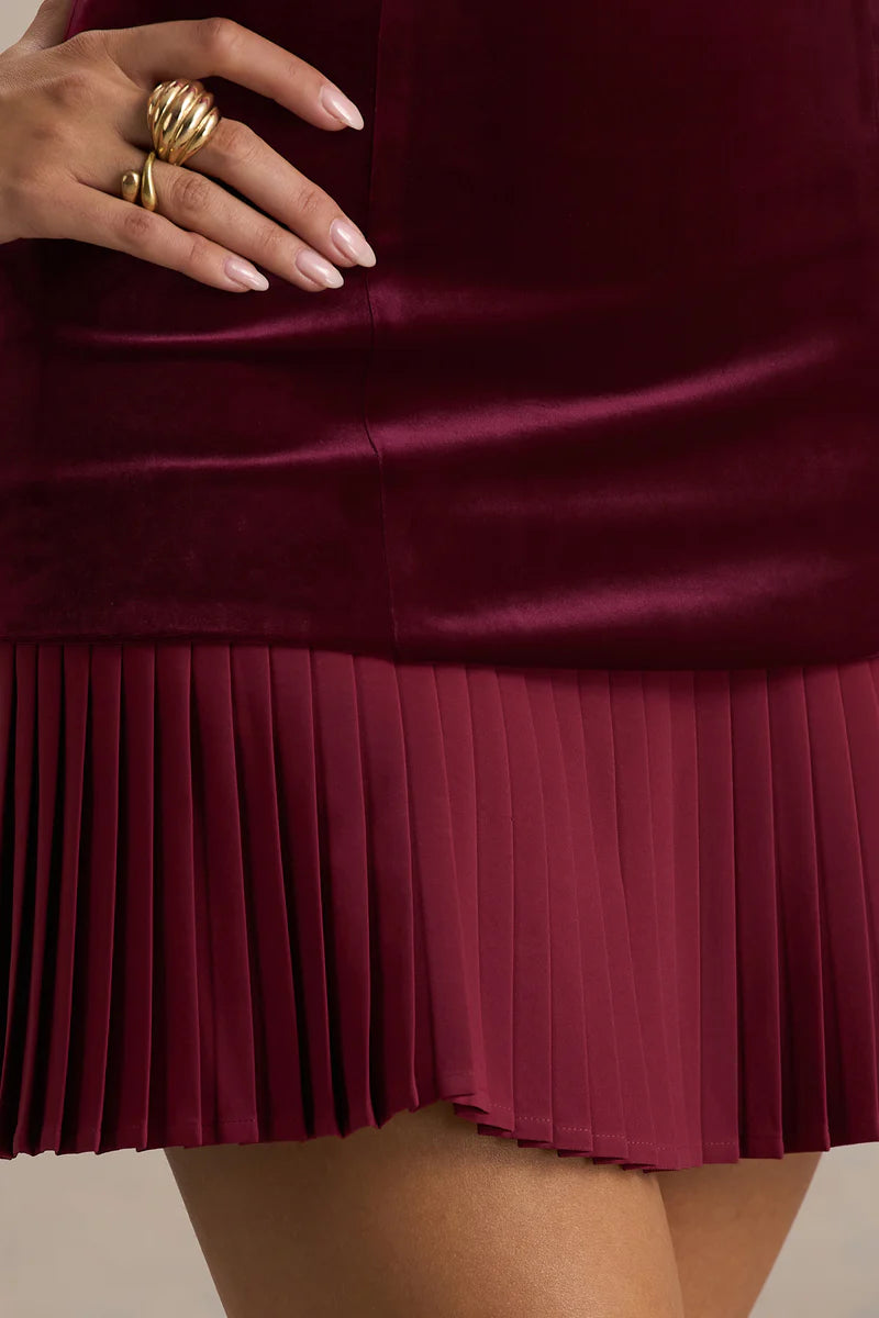 Burgundy Velvet Pleated Mini Dress – Holiday Elegance