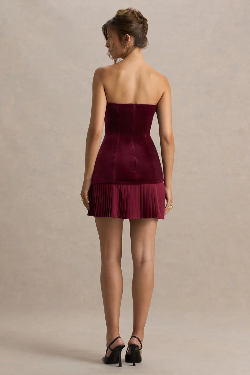 Burgundy Velvet Pleated Mini Dress – Holiday Elegance