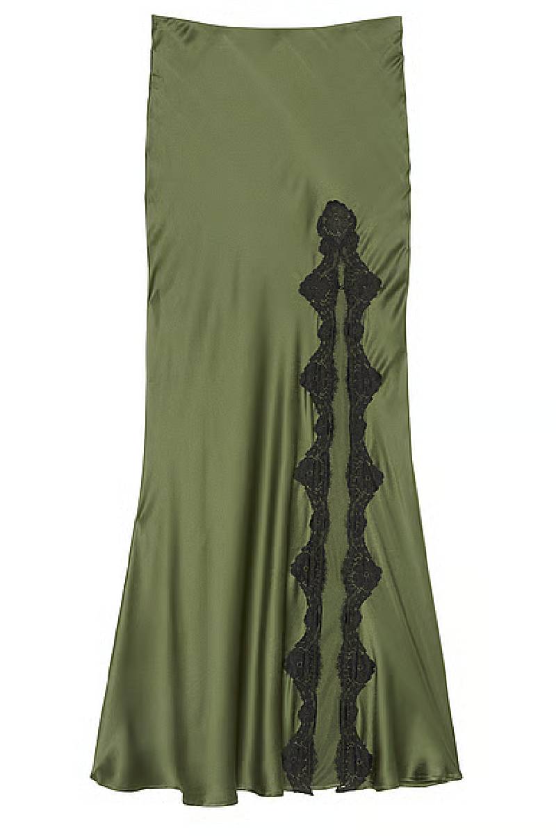 Olive Split Lace Midi Skirt